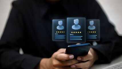 HR Professional Using Smartphone for Digital Recruitment and Candidate Talent Evaluation with Virtual Skill Ratings