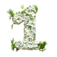 Top view of a 3D number 1 made of tzatziki dip isolated on a white transparent background