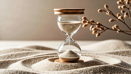 Hourglass with Sand on Zen Garden with Branches