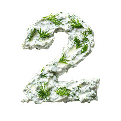 Top view of a 3D number 2 made of tzatziki dip isolated on a white transparent background