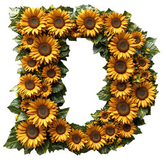 Top view of a 3D letter D made of sunflower flowers isolated on a white transparent background