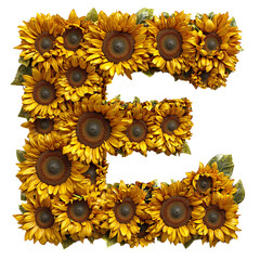 Top view of a 3D letter E made of sunflower flowers isolated on a white transparent background