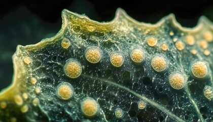 Extreme ultra-macro hyper-realistic close-up of mold growing on a leaf surface
revealing tiny spores, delicate textures, and subtle natural color variations with expressive composition