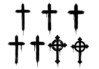 Collection of black cross symbols on with artistic brushstrokes