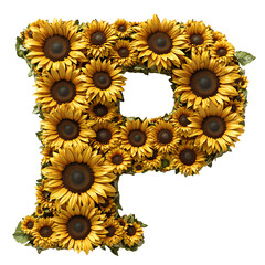 Top view of a 3D letter P made of Sunflowers flower isolated on a white transparent background