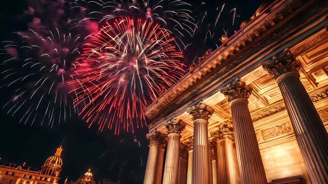 A nighttime cityscape with a grand building and fireworks in the sky. The building has classical architecture with columns and intricate detailing.