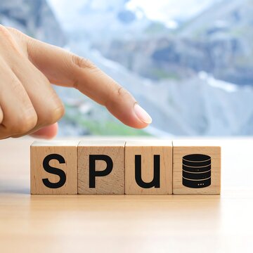 A hand points toward wooden blocks spelling "SPU" and a database icon against a blurred mountainous backdrop