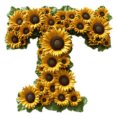 Top view of a 3D letter T made of Sunflowers flower isolated on a white transparent background