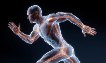 Anatomical depiction of a male figure mid-stride with skeleton exposed.