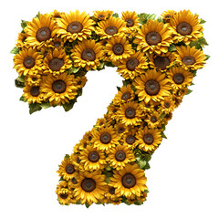Top view of a 3D number 7 made of Sunflowers flower isolated on a white transparent background