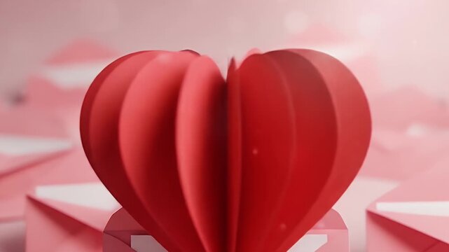 A red heart-shaped object emerges from an open pink envelope among many closed pink envelopes on a pink surface in a cinematic zoom camera view.