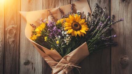 Rustic bouquet of sunflowers lavender and wildflowers wrapped in brown parchment paper tied with twine placed on a wooden table The sun casts a warm glow over the arrangement