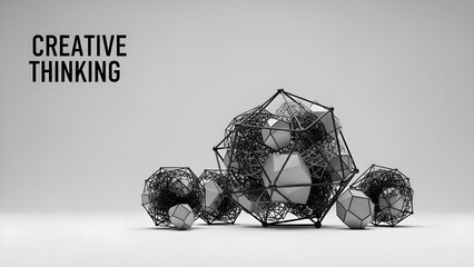 Creative Thinking Text with Abstract Wireframe Spheres on White Background