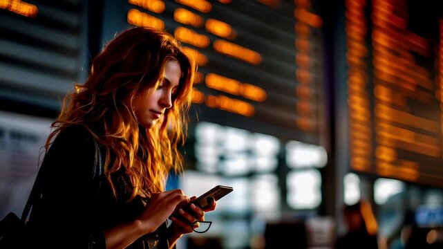 A woman with long, wavy red hair is engrossed in her smartphone, set against a backdrop of illuminated windows. The scene is bathed in a warm, golden hue, suggesting either dawn or dusk.