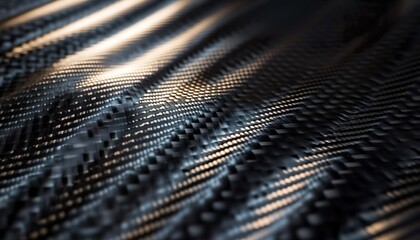 Ultra-macro hyper-realistic close-up of carbon fiber texture revealing interwoven strands and subtle metallic reflections, emphasizing expressive angle, composition, and nuanced color variations, with