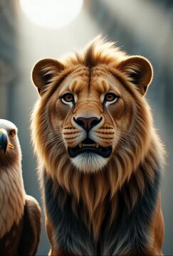 Majestic Lion, Eagle, and Wolf - A Fantasy Animal Portrait.