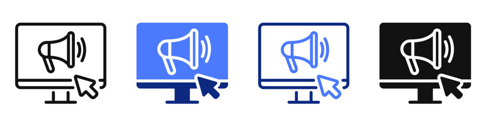 Vector icon or logo of desktop computer with megaphone related to digital marketing, SEO, internet advertising. Symbol for website or app UI, logo design, illustration