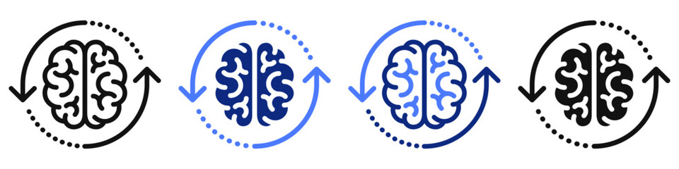 Vector icon or logo of human brain with rotating arrows related to creativity and brainstorming, medicine and education. Symbol for website or app UI, logo design, illustration