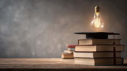 Glowing bulb atop books and mortarboard, knowledge concept