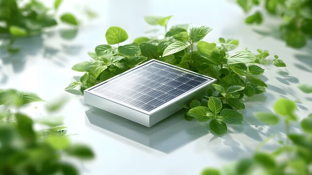 A close up of a photovoltaic solar panel surrounded by vibrant green foliage representing the integ n of renewable energy technology with nature for a sustainable future