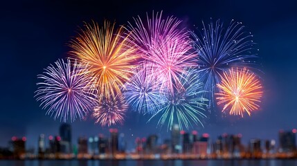 Spectacular multi colored fireworks explode in the dark night sky creating a dazzling and festive visual spectacle over the out of focus urban cityscape