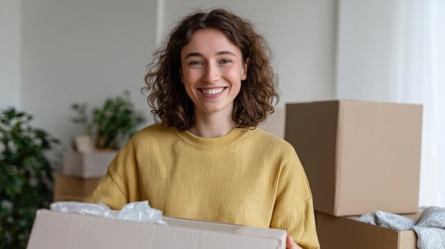 In this image, there is a young woman with curly hair, wearing a yellow sweater, holding a cardboard box in her hands. she is smiling and looking at the camera.