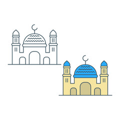 Mosque illustration with two different color styles on a white background. Place of worship. Islamic theme. Ramadan theme. Vector illustration.