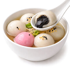 Tangyuan black sesame, glossy rice balls, white background