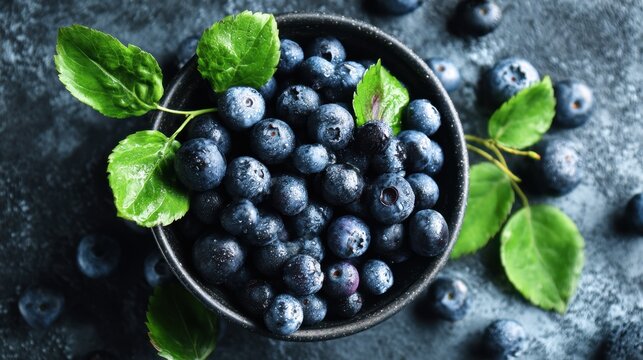 Fresh blueberries with green leaves in black bowl on dark surface. - Powered by Adobe