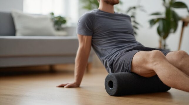 Man sitting on a black foam roller in a living room. he is wearing a gray t-shirt and shorts and is resting his legs on the foam roller.