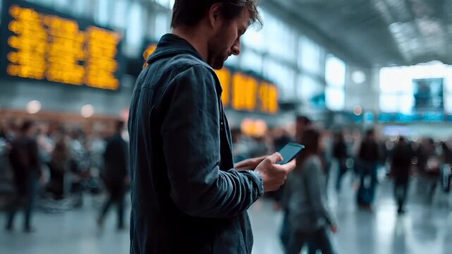 A man in a black hoodie is engrossed in his smartphone in an indoor setting, possibly a train station. The scene is captured with a shallow depth of field.