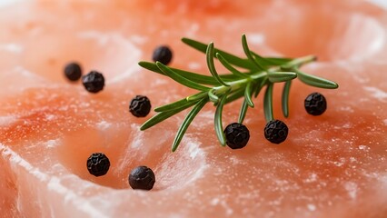 Close-up of peppercorns and a sprig of rosemary on a pink salt block, macro photography of spices and seasonings for cooking