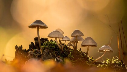 Fototapeta premium A grouping of small mushrooms, illuminated by soft golden light, grow on a moss-covered log, set against a blurred background