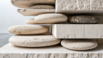 Modern Stone and Wood Shelving with Natural Elements