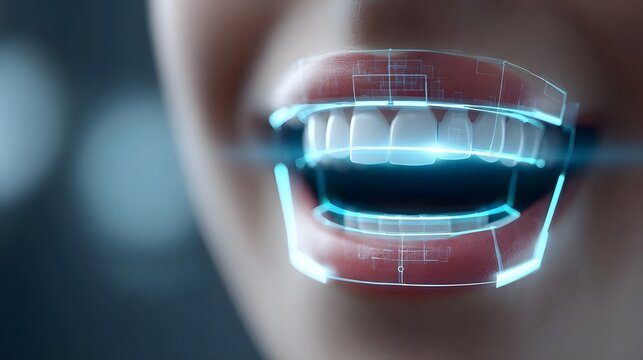 Futuristic holographic interface scans and analyzes a healthy white smile showcasing advanced dental technology and digital precision for oral health innovation