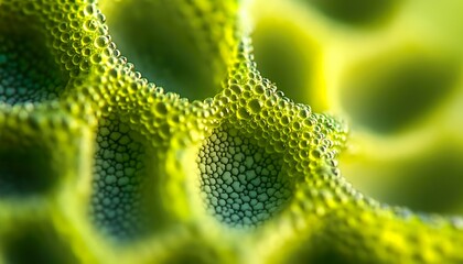 Ultra-macro hyper-realistic visualization of plant stomata pores revealing tiny cellular structures and organic patterns, expressed through refined composition, angle, and natural green tonal variatio