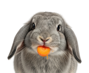 Playful rabbit eating carrot animal portrait isolated on transparent background
