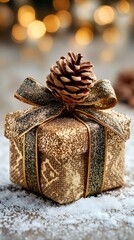 Gilded Pinecone Gift Box: Festive Holiday Decoration with Snowy Background