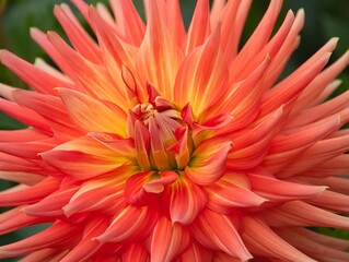 Red and orange dahlia flowers in a garden close-up