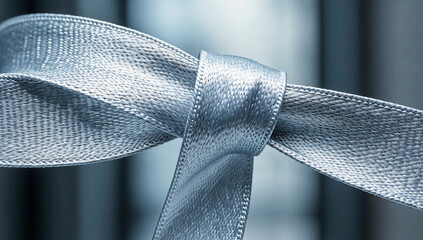 Close-up of Metallic Gray Ribbon Tied in a Bow