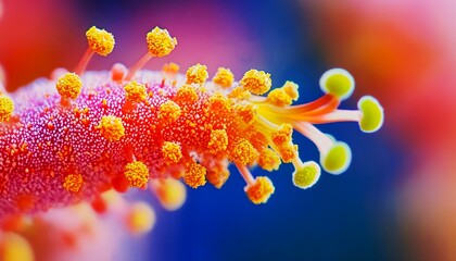 Ultra-macro hyper-realistic view of flower stamens covered with pollen grains, vibrant natural colors and rich microscopic organic textures, expressive composition and visual depth, clean noise-free 