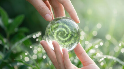 Hands holding a clear orb reflecting a spiral pattern with green foliage visible in the background and bright light shining