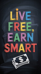 "Live Free, Earn Smart" colorful chalk text on vertical blackboard with money sketch illustration