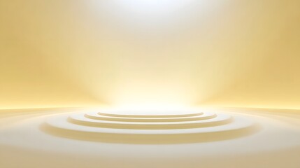 An elegant minimalist abstract stage with layered concentric circular platforms illuminated by a bright golden spotlight creating a sense of prestige and presentation