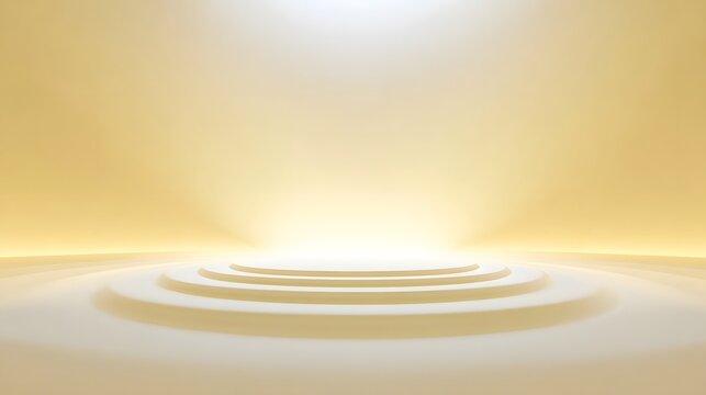 An elegant minimalist abstract stage with layered concentric circular platforms illuminated by a bright golden spotlight creating a sense of prestige and presentation