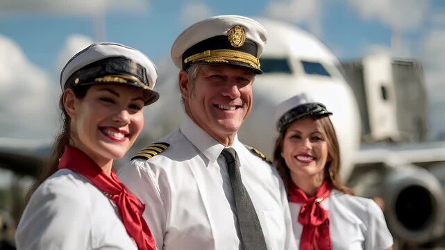 A closeup of a man in a captains uniform, with a woman in a pilots hat and red scarf, standing beside him.