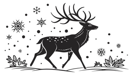 Minimalist Black and White Reindeer Silhouette Illustration with Snowflakes and Winter Foliage