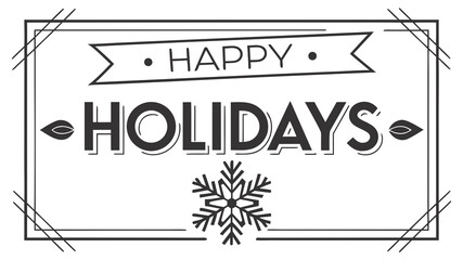 Minimalist Black and White Happy Holidays Greeting Card Design with Snowflake and Ribbon Banner