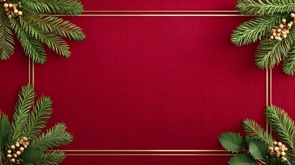 A sophisticated Christmas themed border featuring a rich red textured background a thin gold frame and natural elements like pine needles holly leaves and small golden berries
