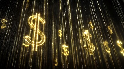 Golden Currency Streams: Illuminated Dollar Signs in Digital Rain